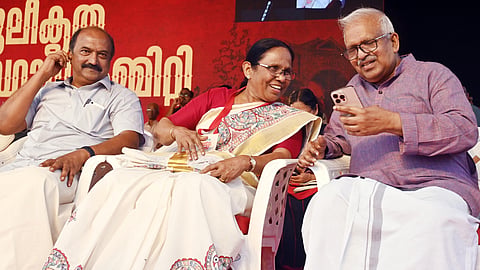 Senior party leaders K N Balagopal, K K Shailaja and P Jayarajan during the public rally held at Kozhikode beach, marking the conclusion of the three-day CPM extended state committee meeting in Kozhikode.