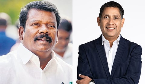 Former TNCC president K Selvaperunthagai (L) and Rajya Sabha MP Praveen Chakravarty.