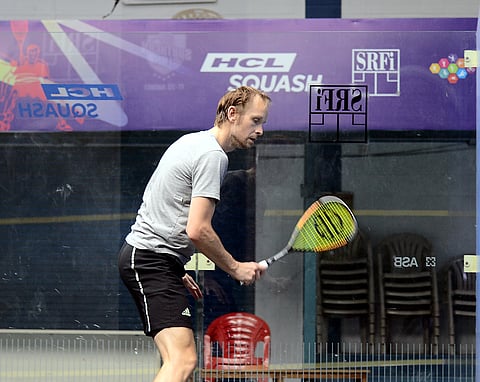 Coach James Willstrop during practice at Indian Squash Academy on Thursday