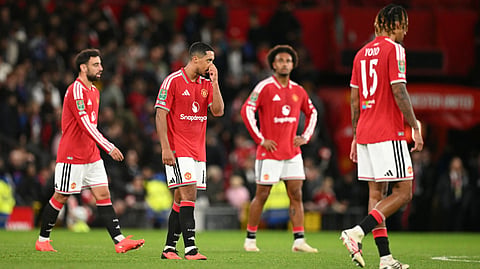 Manchester United's Youri Tielemans reacts following the English League Cup third round football match between Manchester United and Brighton and Hove Albion at Old Trafford in Manchester, on September 16, 2026.