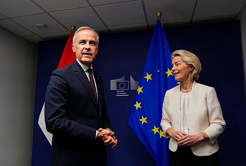 Canadian Prime Minister Mark Carney left, and European Commission President Ursula von der Leyen participate in a bilateral meetingat the European Parliament in Strasbourg, France, Wednesday, Sept. 16, 2026.