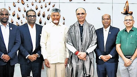CM Nara Chandrababu Naidu with BPCL CMD Sanjay Khanna and others at the AP Secretariat on Wednesday.
