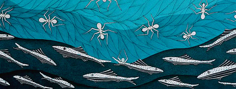 A painting of water, fish, and spiders