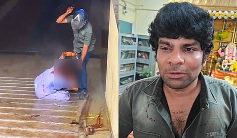 Screen grabs from video footage of the attack which went viral on social media(L):Venkatesan, who was nabbed by a traffic police sub-inspector and his team who were in the vicinity.