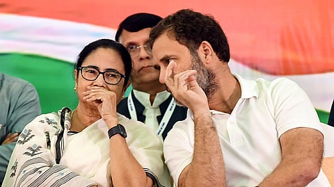 Congress leader Rahul Gandhi interacts with former West Bengal Chief Minister Mamata Banerjee