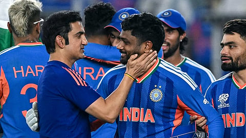 India's Sanju Samson (C) with coach Gautam Gambhir (L).