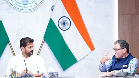UK Business Schools delegation meets Chief Minister A Revanth Reddy at MCR HRD Institute in Hyderabad.