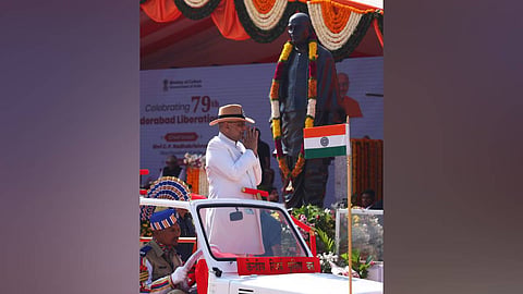 Vice President CP Radhakrishnan takes part in the 79th Hyderabad Liberation Day celebrations at Parade Ground in Secunderabad on Thursday. In 1948, on this day, Hyderabad state was merged with the Indian Union through Operation Polo.