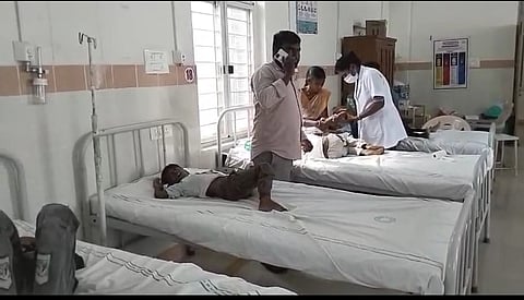 Students of Peddalodi undergoing treatment in the hospital at Sangareddy on Thursday.