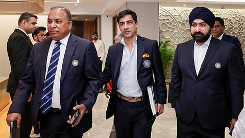 BCCI president Mithun Manhas (C), secretary Devajit Saikia (L) and joint secretary Prabhtej Bhatia during the board's 95th Annual General Meeting (AGM) at its headquarters, in Mumbai on Friday