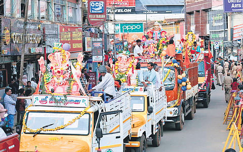 Vinayagar idols being taken out on a procession from Charring Cross in Ooty ahead of immersion at Kamaraj Sagar Dam in the Nilgiris on Friday evening  