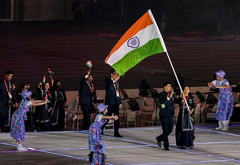 Manu Bhaker (R) and Pawan Sehrawat during the Opening Ceremony on Saturday; Bhaker is one of the prominent faces in the shooting contingent who'll be looking for a strong show in the Games