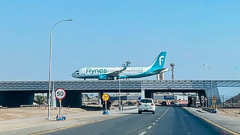 A Flynas plane lands at King Khalid International Airport in Riyadh on September 19, 2026.
