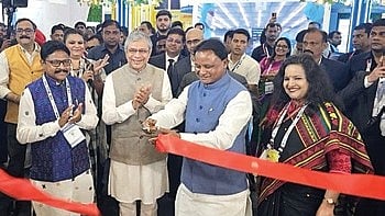 CM Mohan Majhi inaugurating the Odisha Pavilion at Semicon India 2026 in New Delhi. Union IT minister Ashwini Vaishnaw and state IT minister Mukesh Mahaling are present.