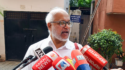 CPI(M) general secretary MA Baby speaks to the media in New Delhi. 