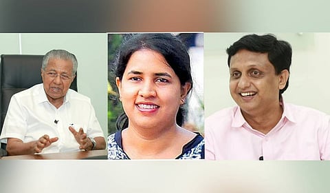 (L-R): Former chief minister Pinarayi Vijayan, his daughter Veena T and son-in-law P A Mohamed Riyas.