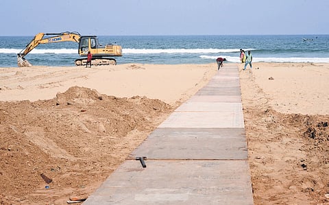 Temporary ramps being laid out at the Pattinapakkam stretch of the Marina Beach to facilitate the transport of Vinayagar idols for immersion on Sunday 