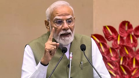 In this screengrab from a video received on Sept. 19, 2026, Prime Minister Narendra Modi addresses the inauguration of the International Conference on 'The Future of Environment and Climate Dynamics', at Vigyan Bhawan, in New Delhi.