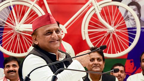 Samajwadi Party National President Akhilesh Yadav addresses a press conference, at the party office, in Lucknow, Uttar Pradesh, Saturday, Sept. 19, 2026. 