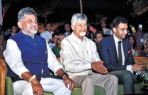 AP CM Chandrababu Naidu with his Karnataka counterpart DK Shivakumar at the inauguration of The Earth Center in Bengaluru on Sunday 