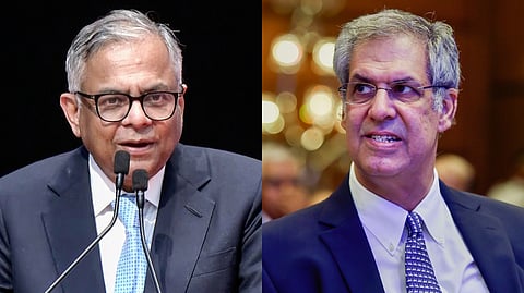 (L-R) Tata Sons chairman N Chandrasekaran and Tata Trusts chairman Noel Tata.