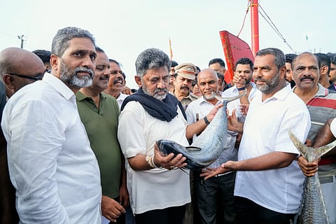 Chief Minister DK Shivakumar checks the day’s catch during a surprise visit to the Mangaluru fishing harbour early on Saturday morning.