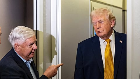 Late US Senator Lindsey Graham and President Donald Trump while speaking to reporters earlier this year in January