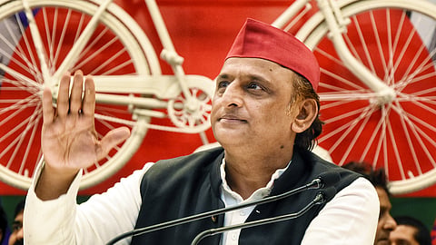 Samajwadi Party chief Akhilesh Yadav addresses a press conference at the party office in Lucknow.