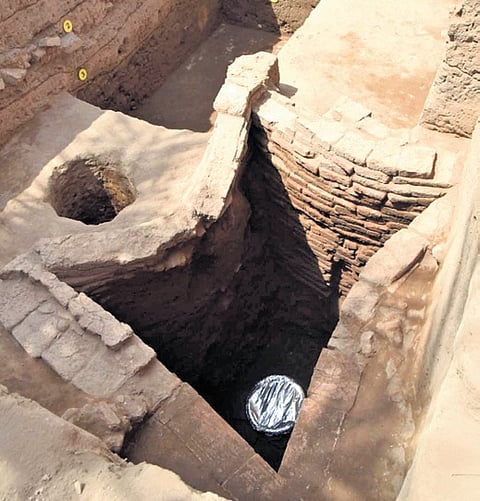 Exposed brick structures at an excavation trench at Korkai in Thoothukudi district  