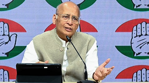 Senior advocate and Congress MP Abhishek Manu Singhvi addresses a press conference at the party office in New Delhi.