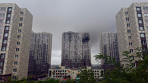A view shows a damaged multi-storey apartment building following a drone attack in Kotelniki in the Moscow region on September 20, 2026.