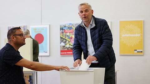 Leif-Erik Holm, the AfD's candidate for minister-president in Mecklenburg-Western Pomerania, casts his vote in the state election for Mecklenburg-Western Pomerania, in Schwein, germany, Sunday, Sept. 20, 2026.
