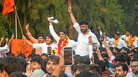 ABVPs Yash Dabas for president and Riya Chhawadi for secretary celebrationg after winning at Arts Faculty, Delhi University on 19.09.2026, Saturday, NewDelhi.
