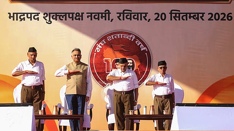 Rashtriya Swayamsevak Sangh (RSS) General Secretary Dattatreya Hosabale, second right, and others, attend a gathering at Lal Parade Ground, in Bhopal, Madhya Pradesh, Sunday, Sept. 20, 2026. 