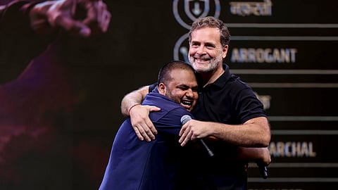 Leader of Opposition in the Lok Sabha Rahul Gandhi with comedian Pulkit Mani during the 'Chhatron ki Goonj' event, in Indore, Madhya Pradesh.