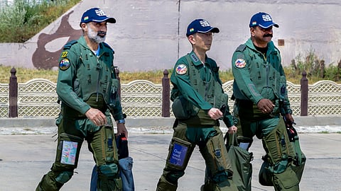 Chief of the Air Staff (CAS) Air Chief Marshal AP Singh, left, Japan Air Self-Defense Force (JASDF) Chief of Staff General Takehiro Morita, centre, and others during 'Exercise Veer Guardian-2026', second bilateral air combat exercise between the Indian Air Force (IAF) and the Japan Air Self-Defence Force (JASDF), in Jodhpur, Rajasthan, Sunday, Sept. 20, 2026. 