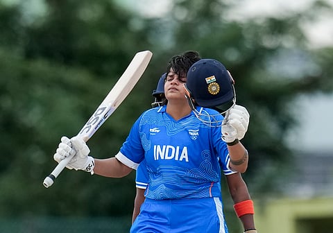 Shafali Verma celebrates her century in the semifinal match on Sunday