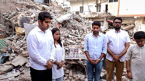 Newly elected Delhi University Students' Union (DUSU) office-bearers affiliated with the ABVP during a visit to Satya Niketan to pay homage to those who lost their lives in the September 6 building collapse, in New Delhi, Monday, Sept. 21, 2026.