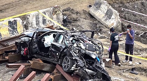  Wrecked remains of a BMW, after it crashed on the Coastal Road, killing three people and injuring one, in Mumbai, Sunday, Sept. 20, 2026.