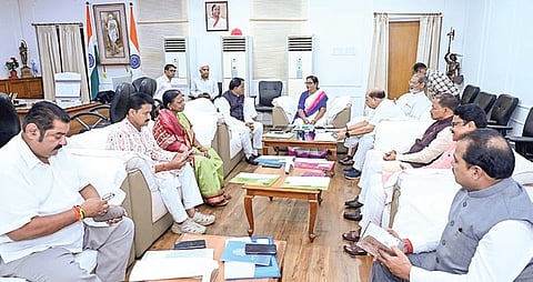 Speaker Surama Padhy in discussion with Chief Minister Mohan Charan Majhi at the all-party meeting ahead of the commencement of Assemby session from Tuesday.