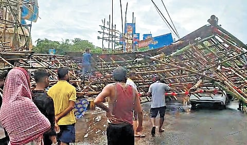 The collapsed bamboo structure blocking the road in Paradip.