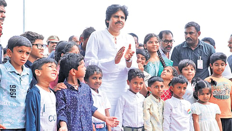 Dy CM Pawan Kalyan with children after inaugurating a park in Pithapuram  