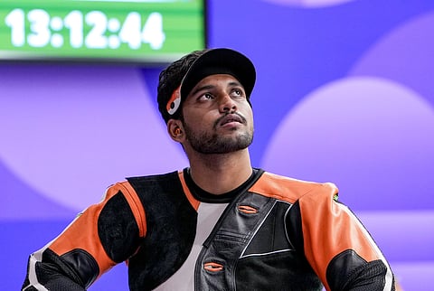 India’s Rudrankksh Patil after winning the bronze medal in the men's 10 m rifle individual event on Monday