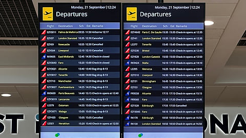 A departures board at Belfast International Airport, Co Antrim, following disruption to flights due to a "technical issue" at an air traffic control centre in Scotland, Monday Sept. 21, 2026.