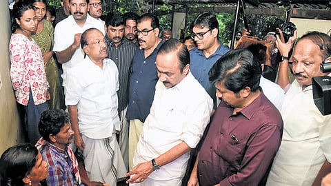 Chief Minister V D Satheesan visits the home of Sajitha, who went missing in Sunday’s flash floods at TK Nagar in Malappuram, on Monday. Ministers P K Kunhalikutty and P K Basheer accompanied him