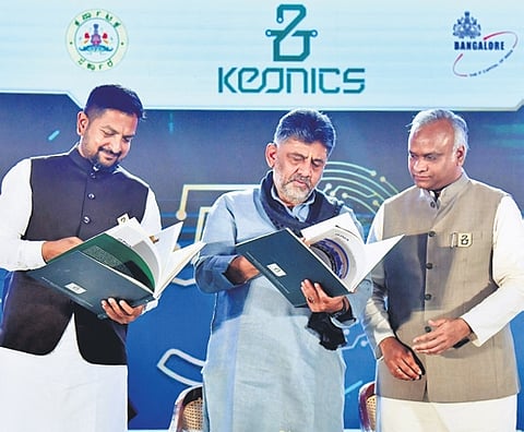 Keonics Chairman Sharath Kumar Bachegowda, CM DK Shivakumar and Home Minister Priyanka Kharge at the inaugural event. 