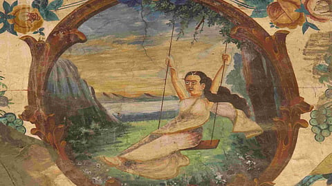 A fresco inspired by Raja Ravi Varma's 'Mohini on a Swing'