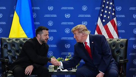 President Donald Trump meets with Ukraine's President Volodymyr Zelenskyy during the United Nations General Assembly, Tuesday, Sept. 22, 2026, at the UN headquarters.