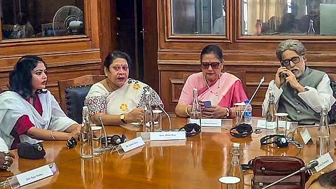 In this file photo from July 19, 2026, TMC turncoats-turned Nationalist Citizens Party of India (NCPI) members hold a parliamentary party meeting at Samvidhan Sadan in New Delhi.