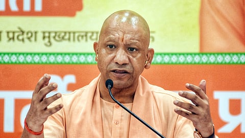 In this photo from Sept. 12, 2026, Uttar Pradesh Chief Minister Yogi Adityanath addresses a press conference at the BJP office in Lucknow.